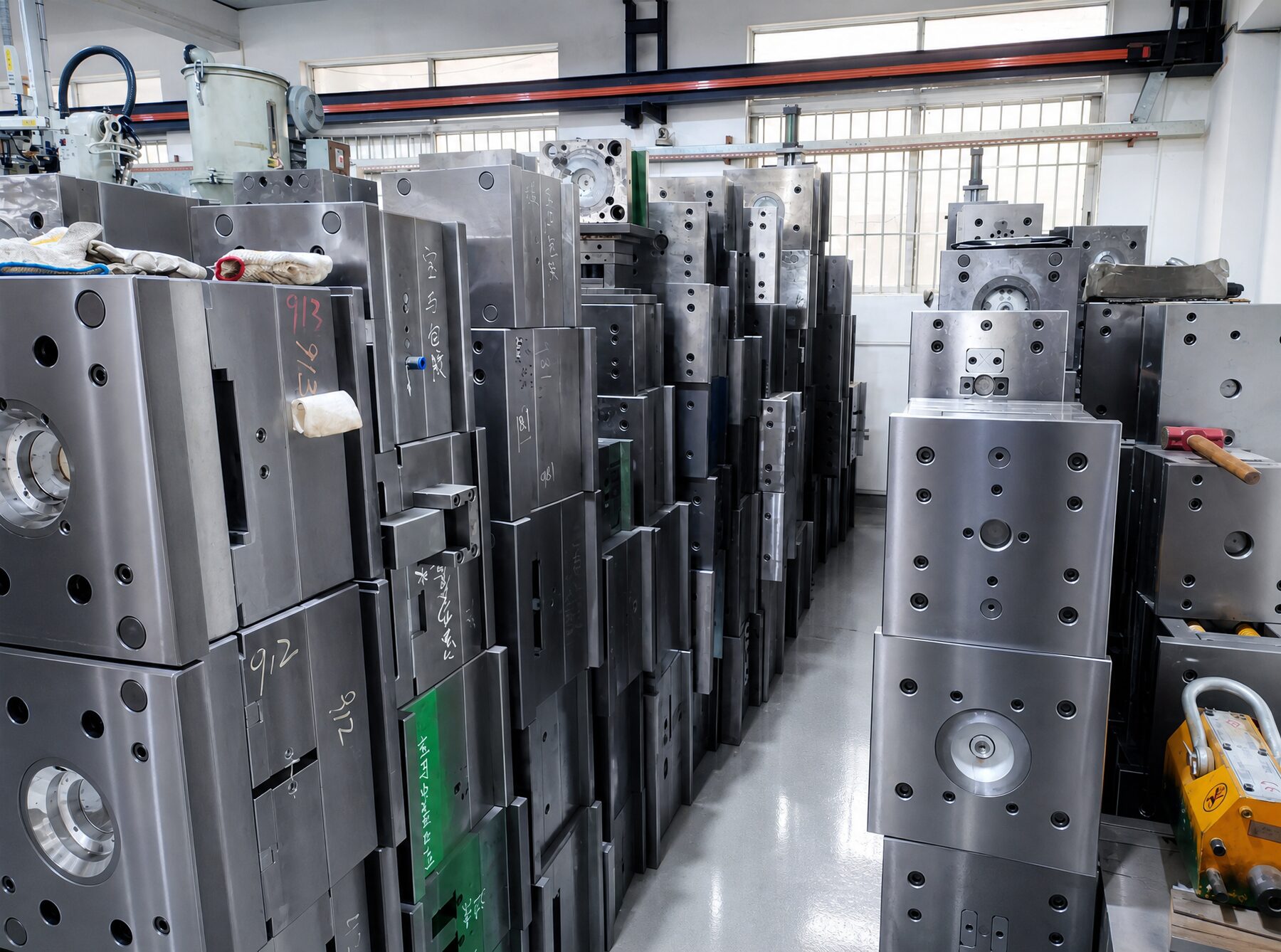 Row of finished injection mold bases in the workshop