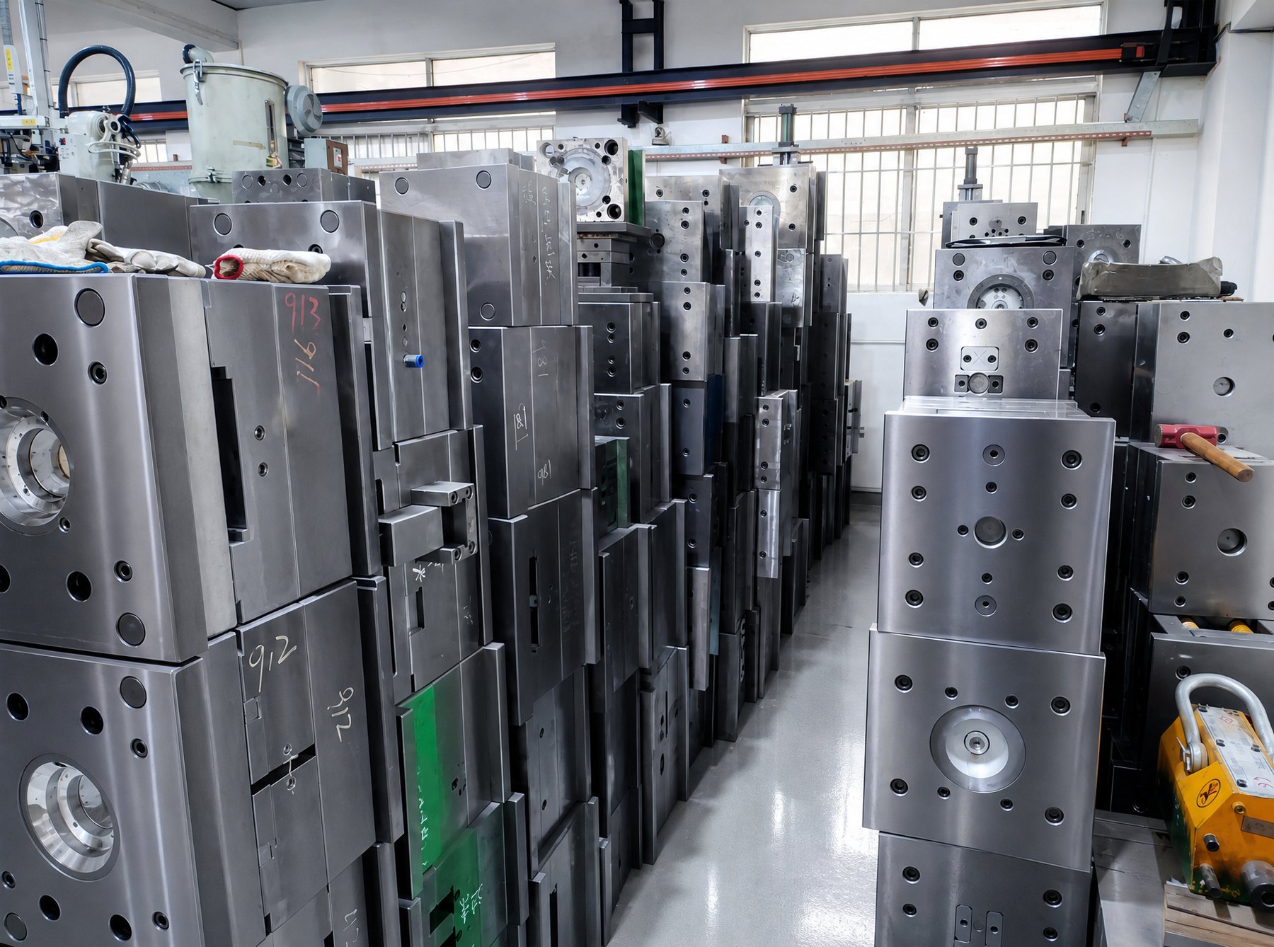 Row of finished injection mold bases in the workshop